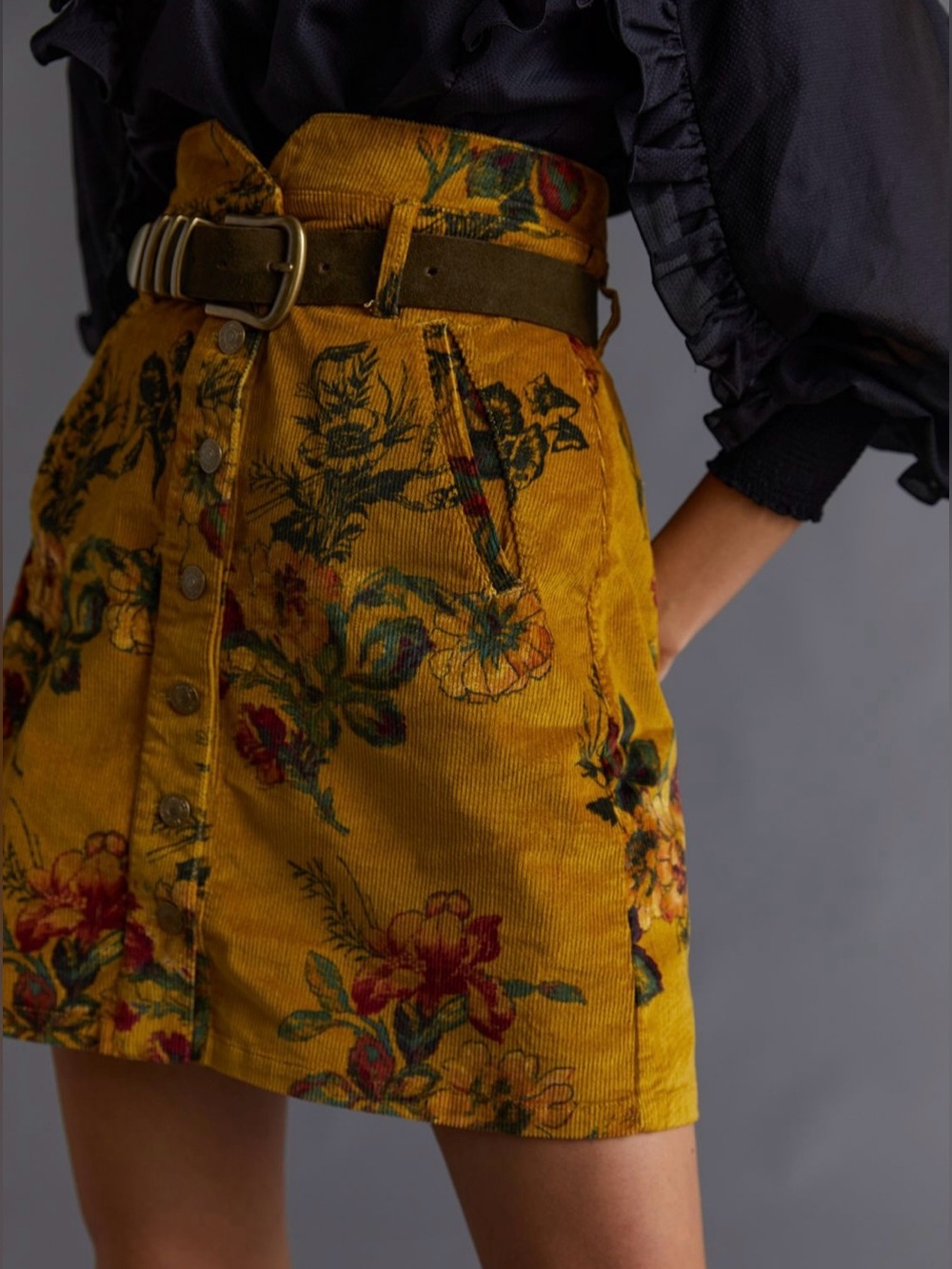 Pilcro Anthropologie Floral Corduroy Mini Skirt Mustard Size 8